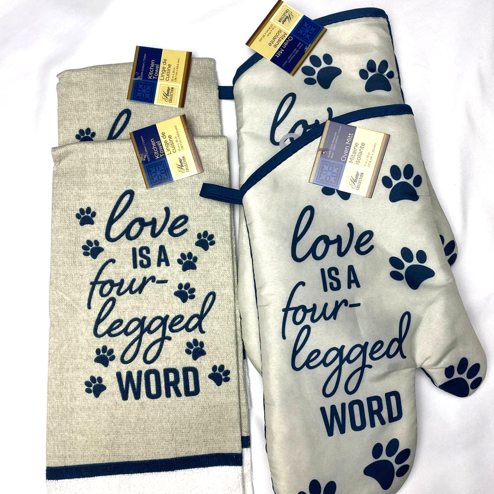 Oven Mitts & Kitchen Towels Set Four-Piece Love is a Four Legged Word--NWT